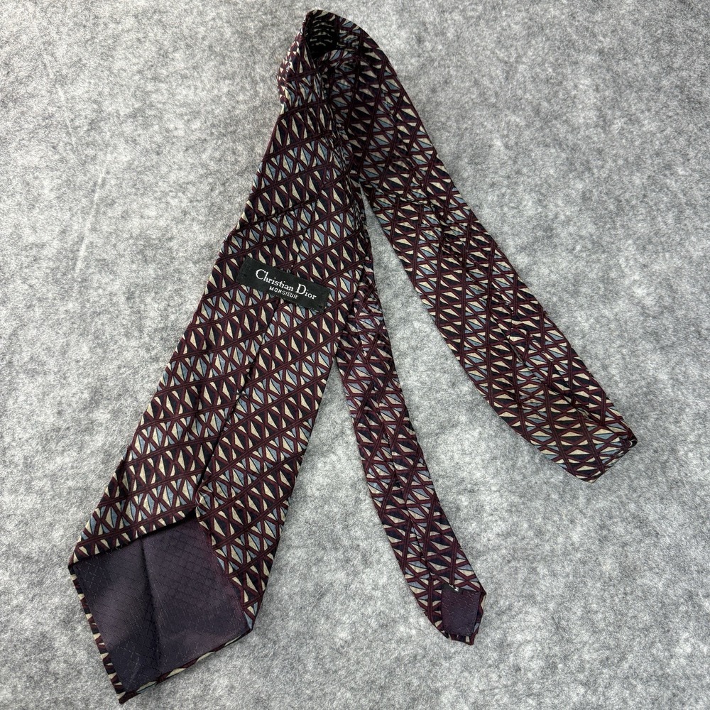 Vintage Christian Dior Monsieur Silk Men's Tie USA Geometric Burgundy Cream Blue - Picture 3 of 6